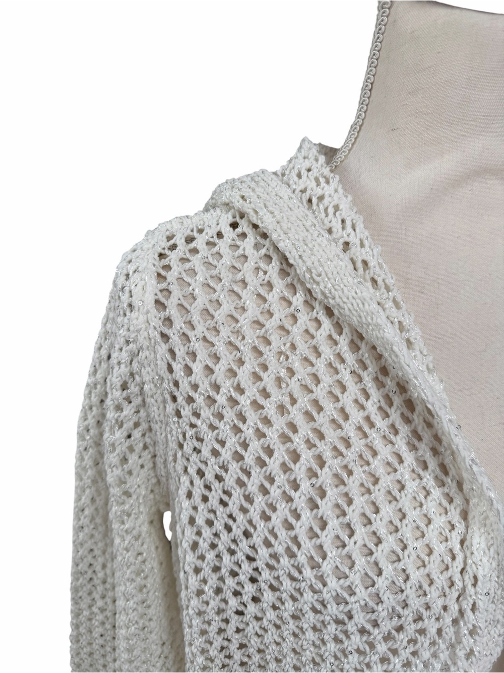 Joie Hooded Open Knit Sequin Duster Cardigan White XS NWT Beach Cover Up - Picture 4 of 13